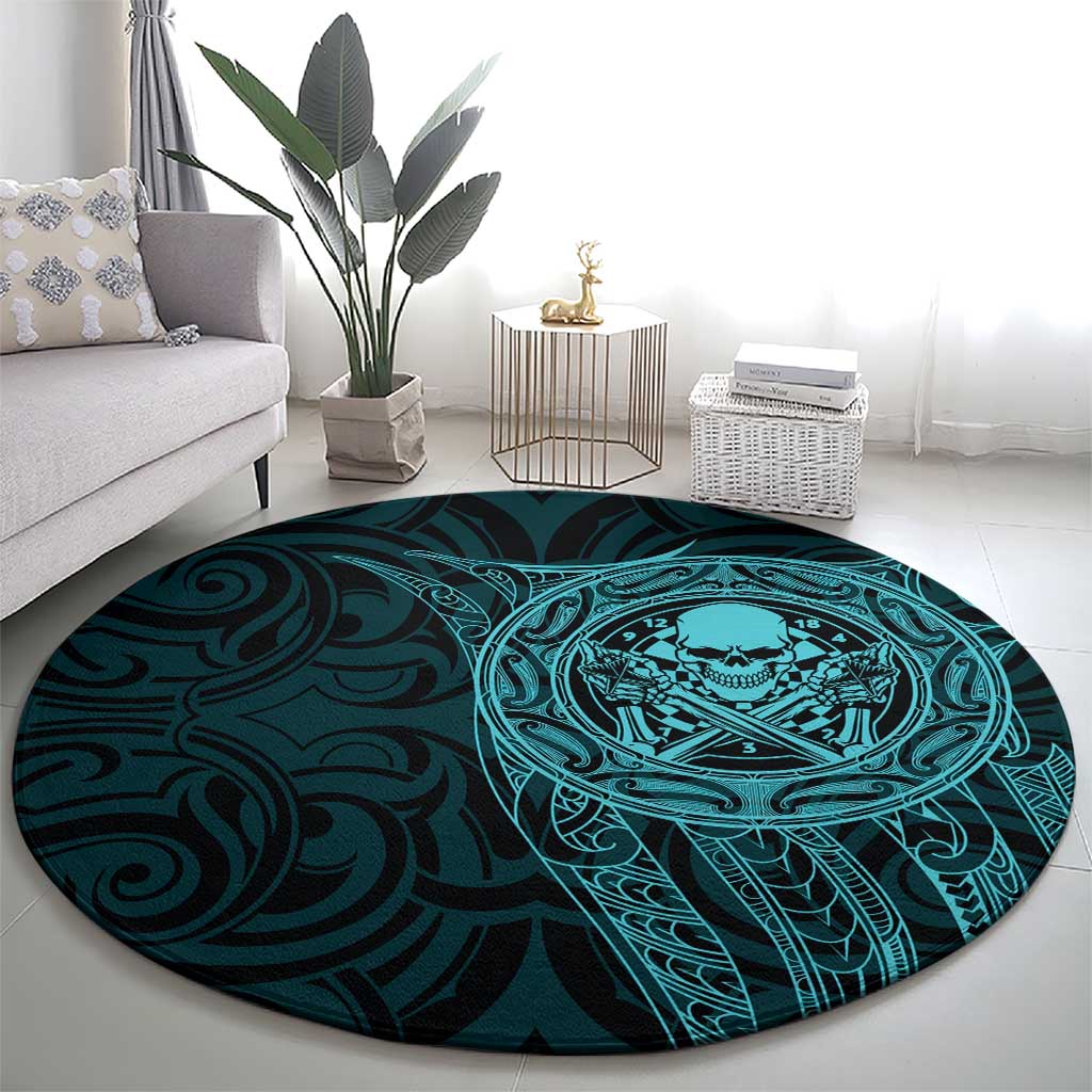 New Zealand Skull Darts Round Carpet Aotearoa Maori Chest Tattoo Stylized Teal - Aussie Hoodie