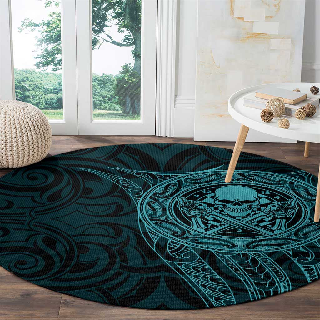 New Zealand Skull Darts Round Carpet Aotearoa Maori Chest Tattoo Stylized Teal - Aussie Hoodie