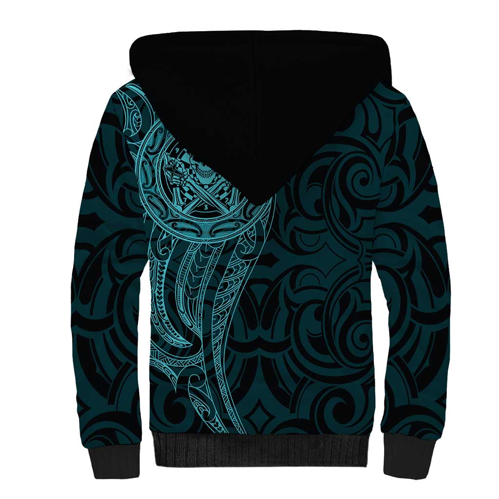 New Zealand Skull Darts Sherpa Hoodie Aotearoa Maori Chest Tattoo Stylized Teal - Aussie Hoodie