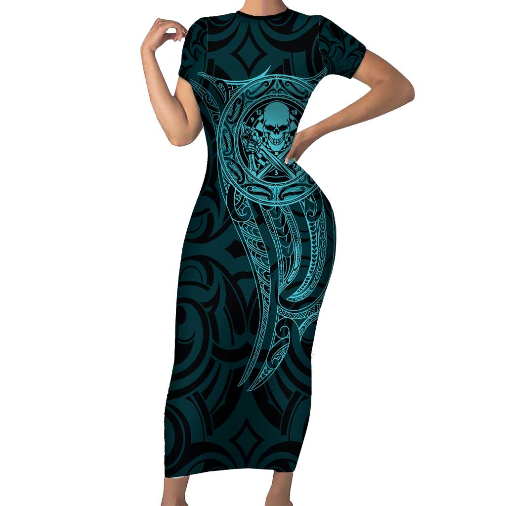 New Zealand Skull Darts Short Sleeve Bodycon Dress Aotearoa Maori Chest Tattoo Stylized Teal - Aussie Hoodie