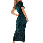 New Zealand Skull Darts Short Sleeve Bodycon Dress Aotearoa Maori Chest Tattoo Stylized Teal - Aussie Hoodie