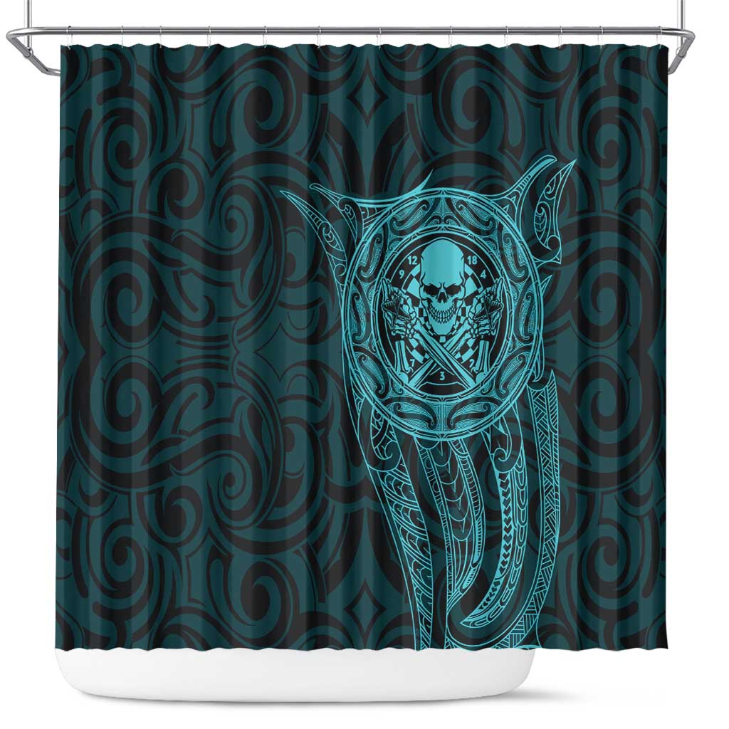 New Zealand Skull Darts Shower Curtain Aotearoa Maori Chest Tattoo Stylized Teal - Aussie Hoodie