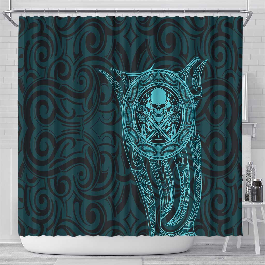 New Zealand Skull Darts Shower Curtain Aotearoa Maori Chest Tattoo Stylized Teal - Aussie Hoodie