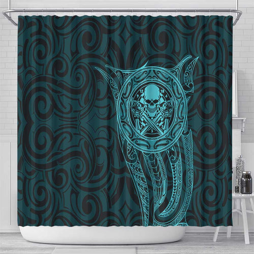 New Zealand Skull Darts Shower Curtain Aotearoa Maori Chest Tattoo Stylized Teal - Aussie Hoodie