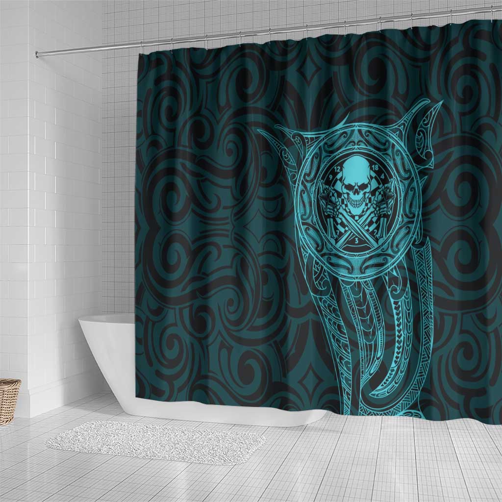 New Zealand Skull Darts Shower Curtain Aotearoa Maori Chest Tattoo Stylized Teal - Aussie Hoodie