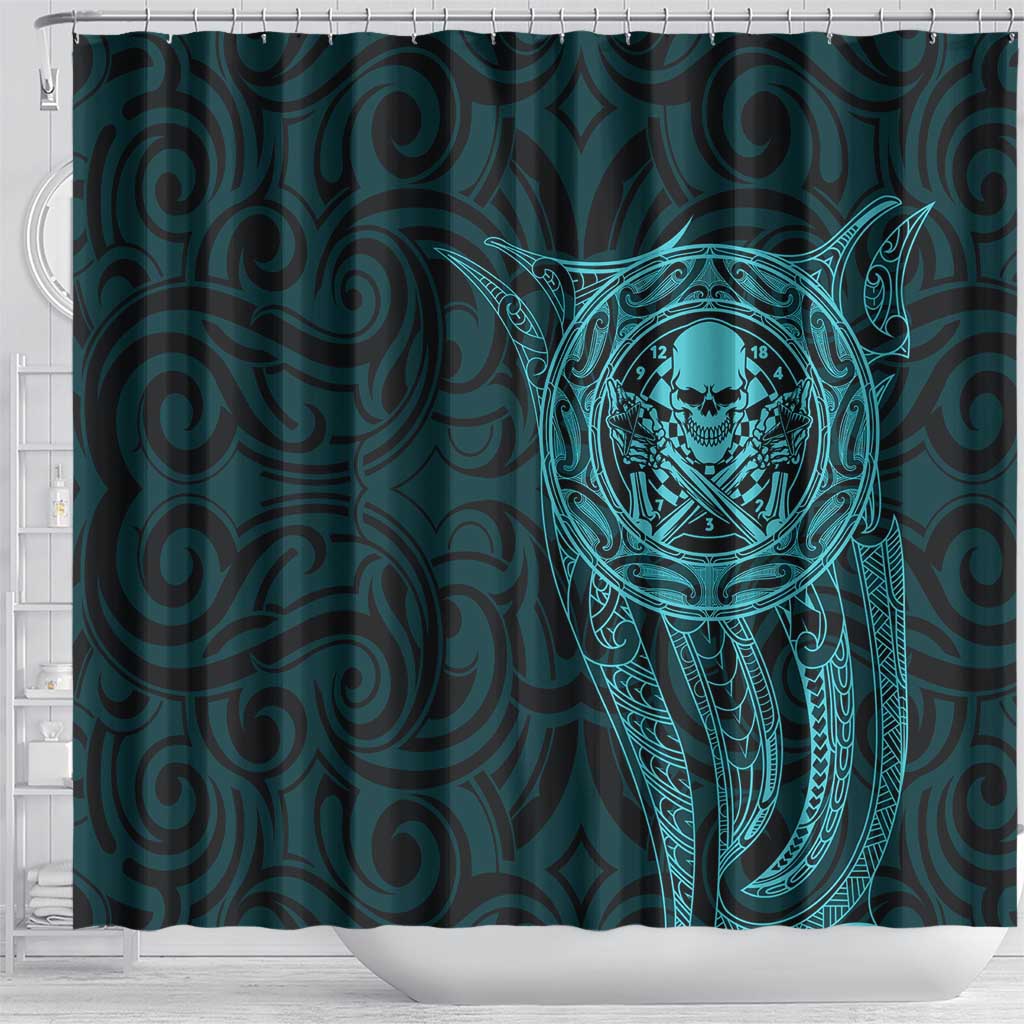 New Zealand Skull Darts Shower Curtain Aotearoa Maori Chest Tattoo Stylized Teal - Aussie Hoodie