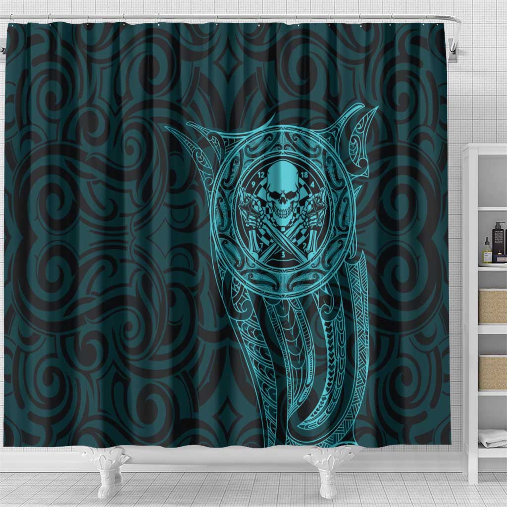 New Zealand Skull Darts Shower Curtain Aotearoa Maori Chest Tattoo Stylized Teal - Aussie Hoodie