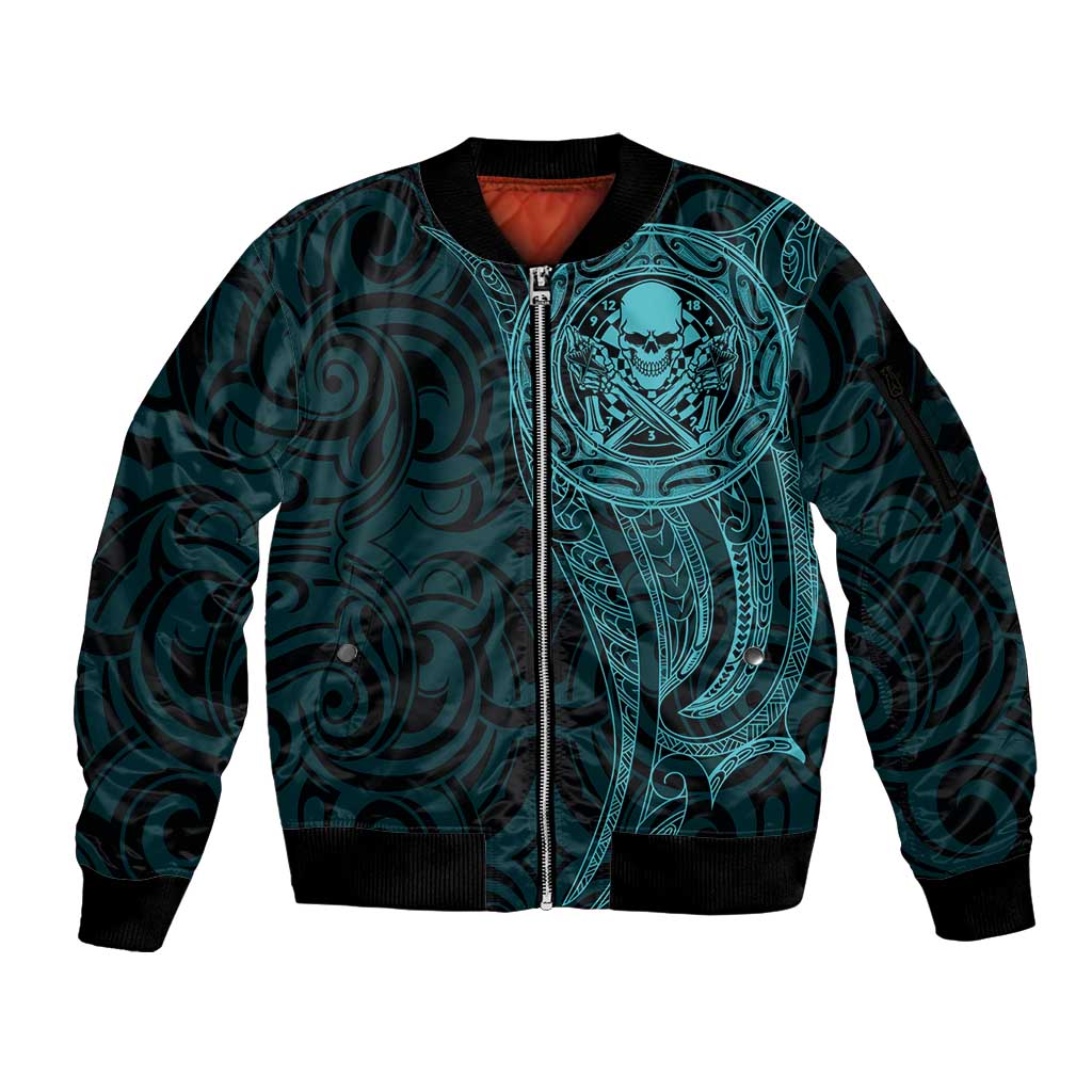 New Zealand Skull Darts Sleeve Zip Bomber Jacket Aotearoa Maori Chest Tattoo Stylized Teal - Aussie Hoodie