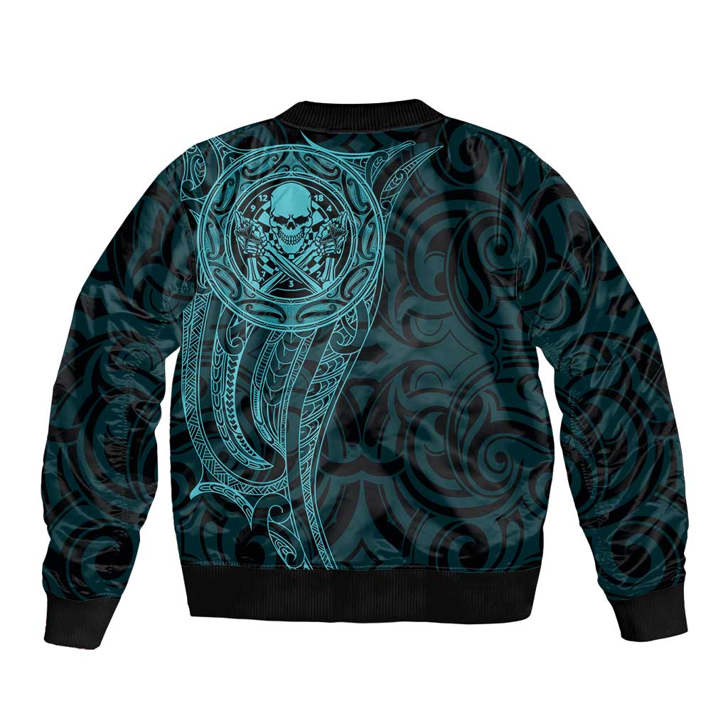 New Zealand Skull Darts Sleeve Zip Bomber Jacket Aotearoa Maori Chest Tattoo Stylized Teal - Aussie Hoodie