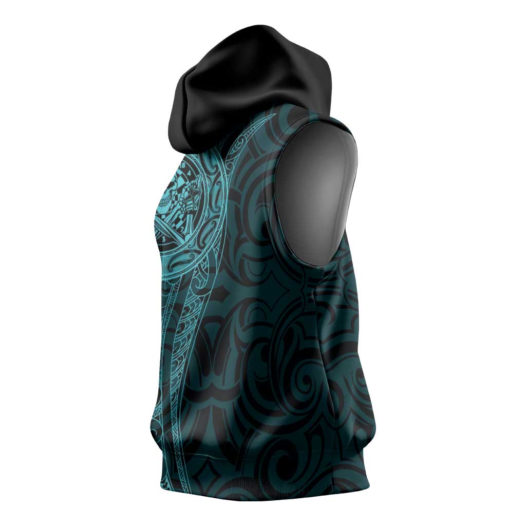 New Zealand Skull Darts Sleeveless Hoodie Aotearoa Maori Chest Tattoo Stylized Teal - Aussie Hoodie