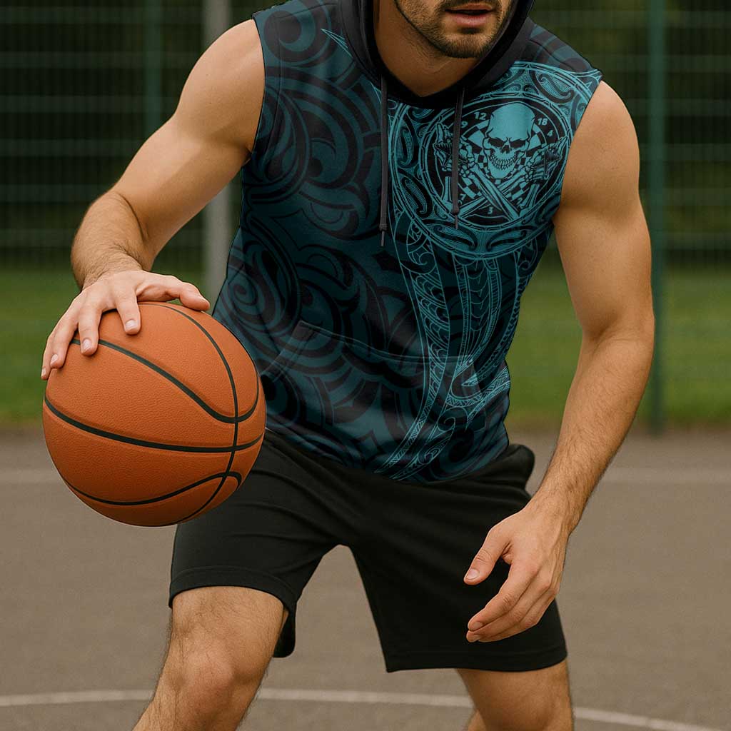 New Zealand Skull Darts Sleeveless Hoodie Aotearoa Maori Chest Tattoo Stylized Teal - Aussie Hoodie