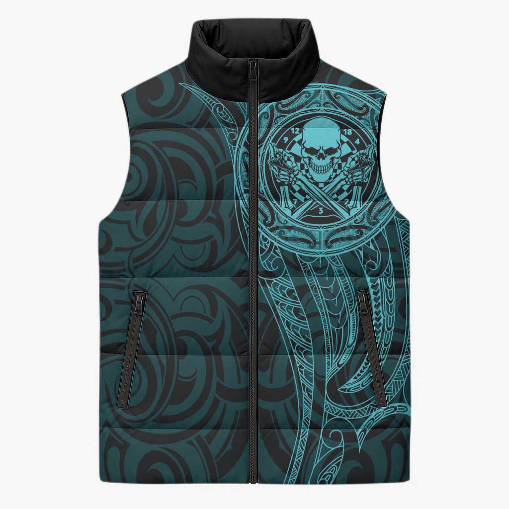 New Zealand Skull Darts Sleeveless Puffer Jacket Aotearoa Maori Chest Tattoo Stylized Teal - Aussie Hoodie