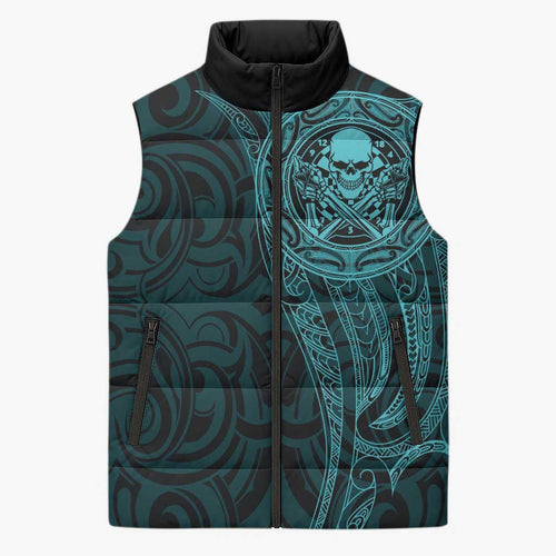 New Zealand Skull Darts Sleeveless Puffer Jacket Aotearoa Maori Chest Tattoo Stylized Teal - Aussie Hoodie
