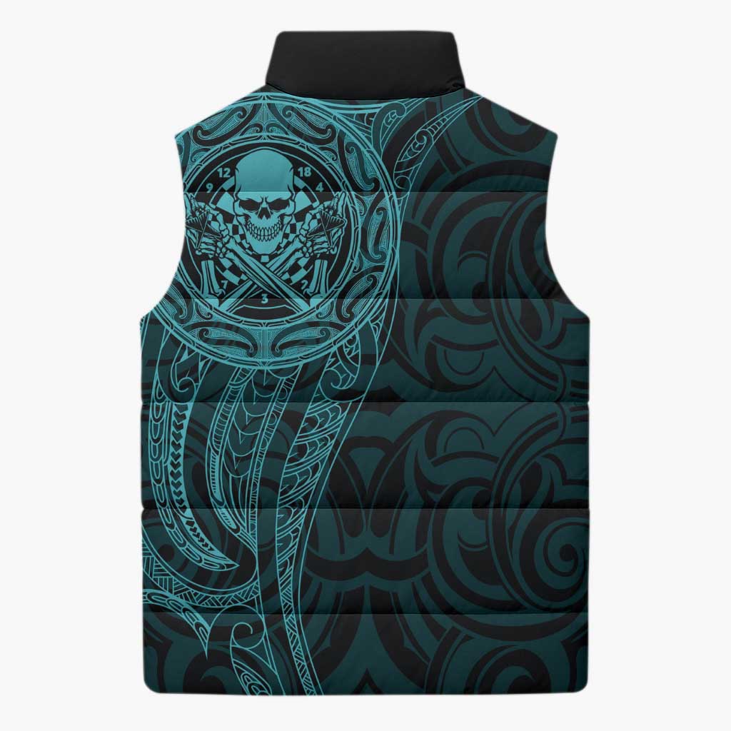 New Zealand Skull Darts Sleeveless Puffer Jacket Aotearoa Maori Chest Tattoo Stylized Teal - Aussie Hoodie