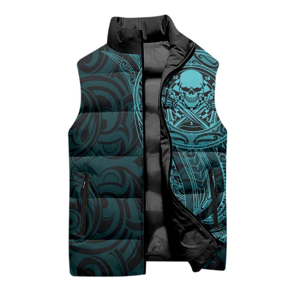 New Zealand Skull Darts Sleeveless Puffer Jacket Aotearoa Maori Chest Tattoo Stylized Teal - Aussie Hoodie