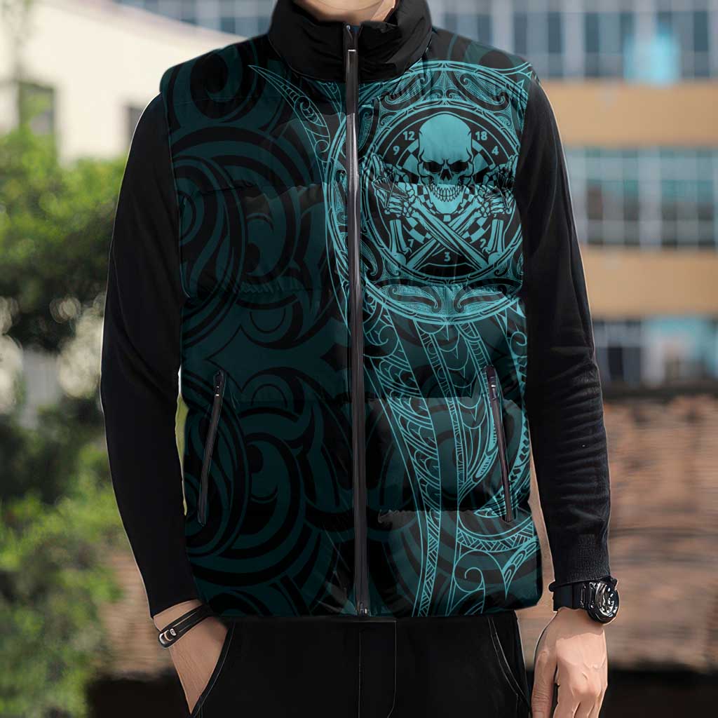 New Zealand Skull Darts Sleeveless Puffer Jacket Aotearoa Maori Chest Tattoo Stylized Teal - Aussie Hoodie