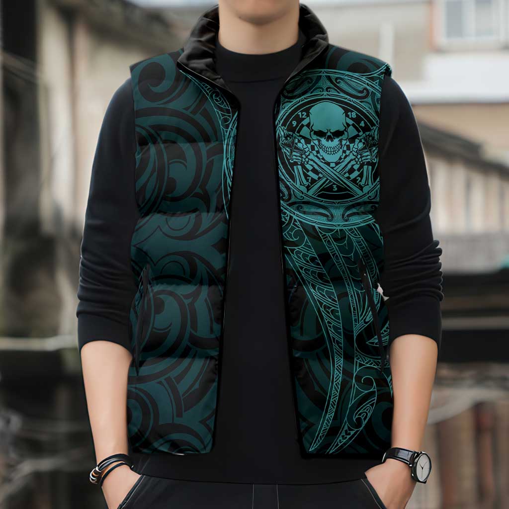 New Zealand Skull Darts Sleeveless Puffer Jacket Aotearoa Maori Chest Tattoo Stylized Teal - Aussie Hoodie