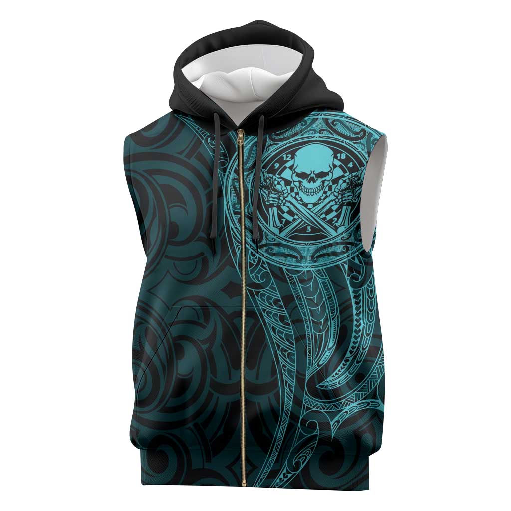 New Zealand Skull Darts Sleeveless Zip Hoodie Aotearoa Maori Chest Tattoo Stylized Teal - Aussie Hoodie