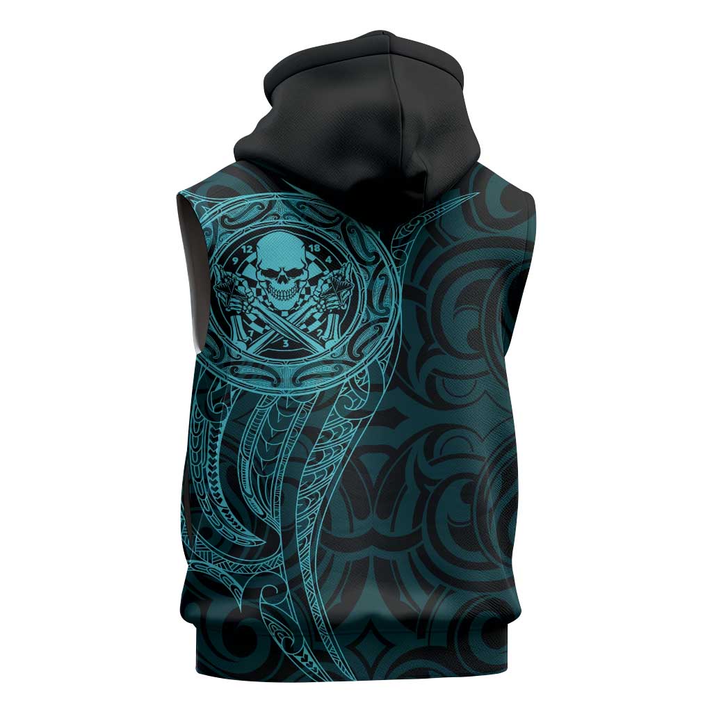 New Zealand Skull Darts Sleeveless Zip Hoodie Aotearoa Maori Chest Tattoo Stylized Teal LT14