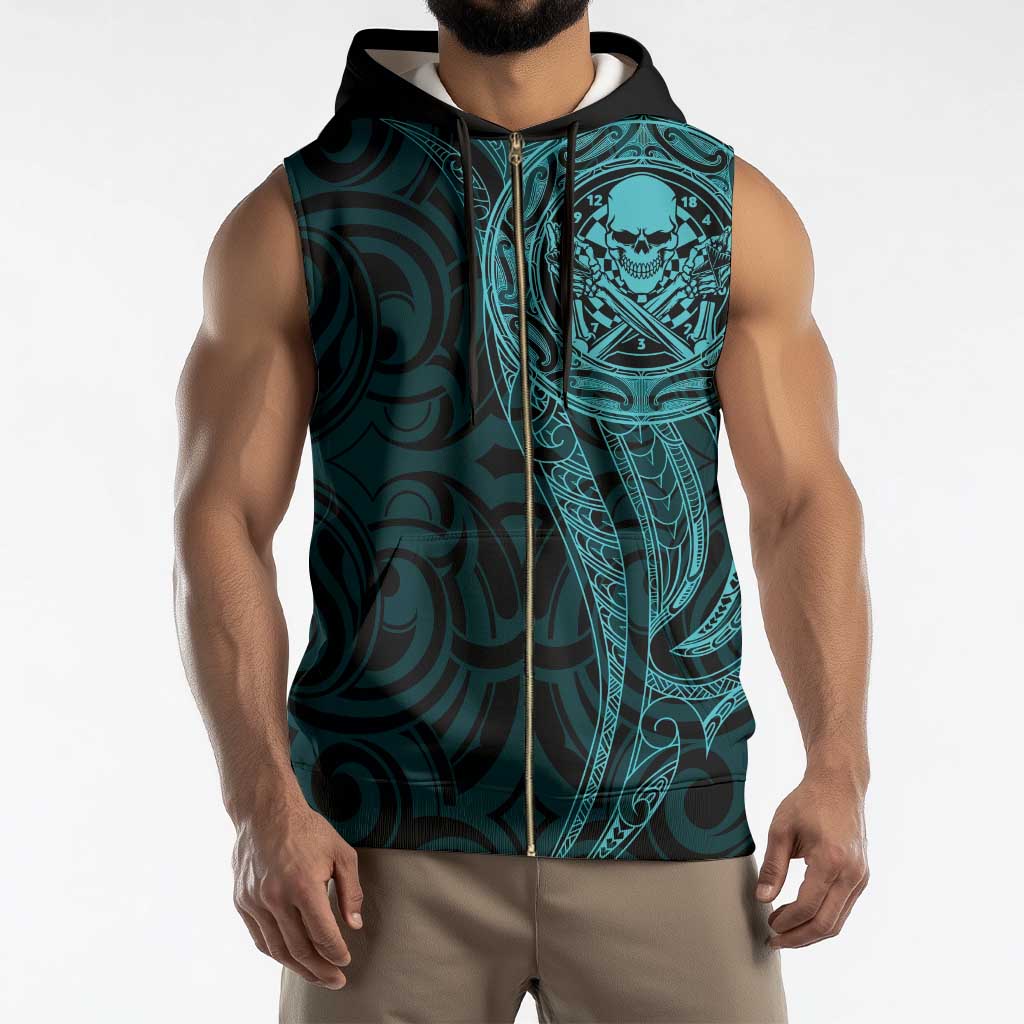 New Zealand Skull Darts Sleeveless Zip Hoodie Aotearoa Maori Chest Tattoo Stylized Teal - Aussie Hoodie