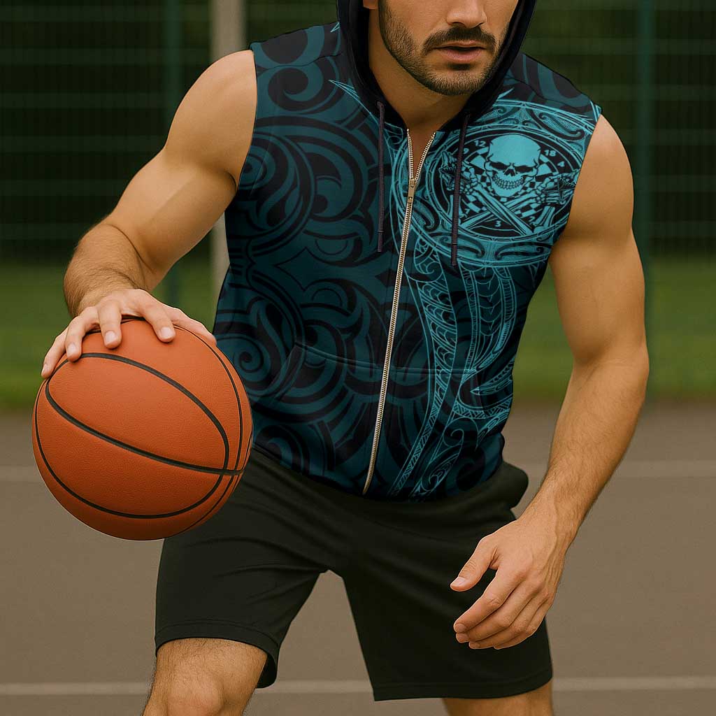 New Zealand Skull Darts Sleeveless Zip Hoodie Aotearoa Maori Chest Tattoo Stylized Teal - Aussie Hoodie