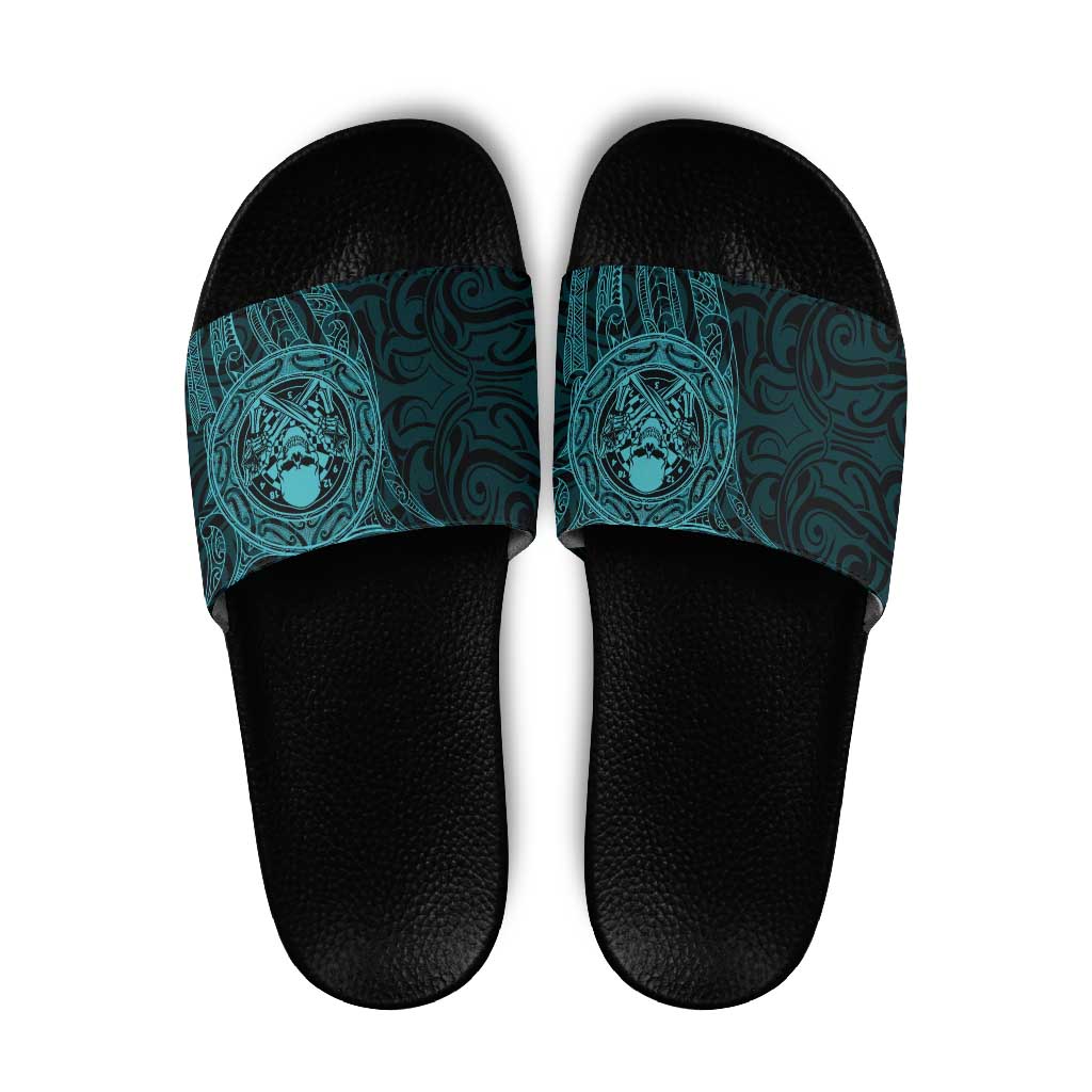 New Zealand Skull Darts Slide Sandals Aotearoa Maori Chest Tattoo Stylized Teal - Aussie Hoodie
