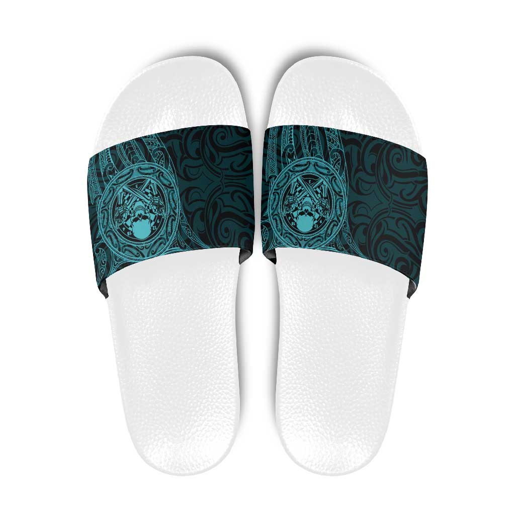 New Zealand Skull Darts Slide Sandals Aotearoa Maori Chest Tattoo Stylized Teal - Aussie Hoodie