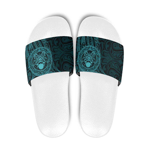 New Zealand Skull Darts Slide Sandals Aotearoa Maori Chest Tattoo Stylized Teal - Aussie Hoodie