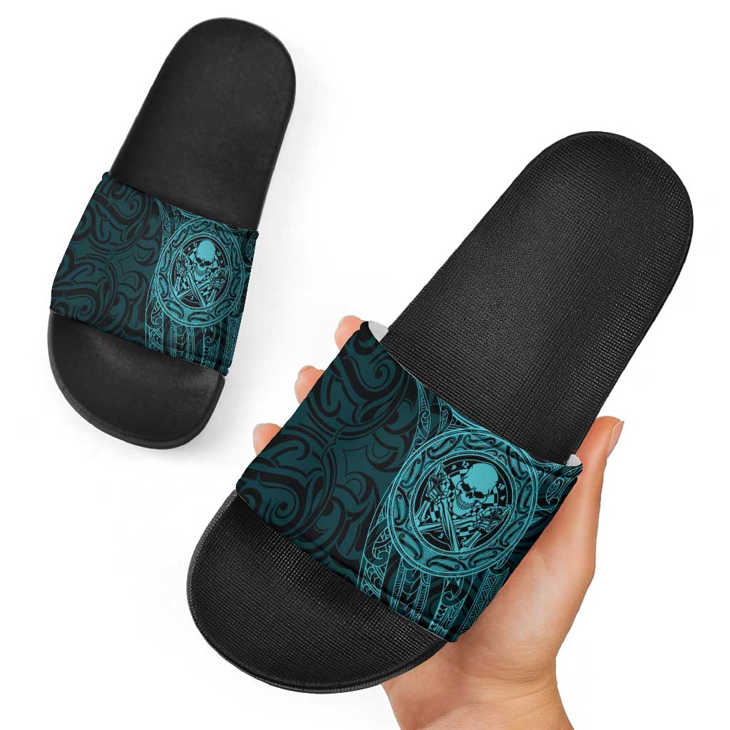 New Zealand Skull Darts Slide Sandals Aotearoa Maori Chest Tattoo Stylized Teal - Aussie Hoodie
