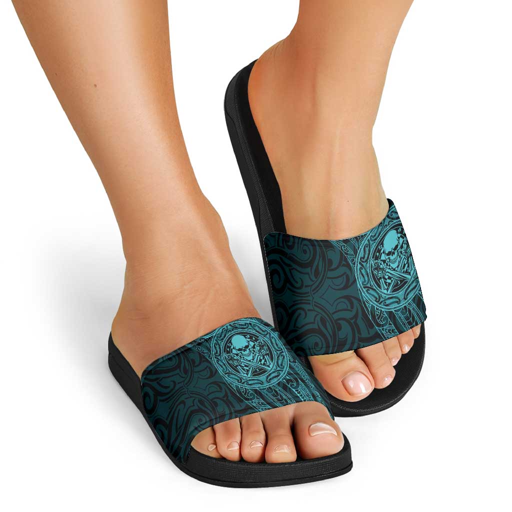 New Zealand Skull Darts Slide Sandals Aotearoa Maori Chest Tattoo Stylized Teal - Aussie Hoodie