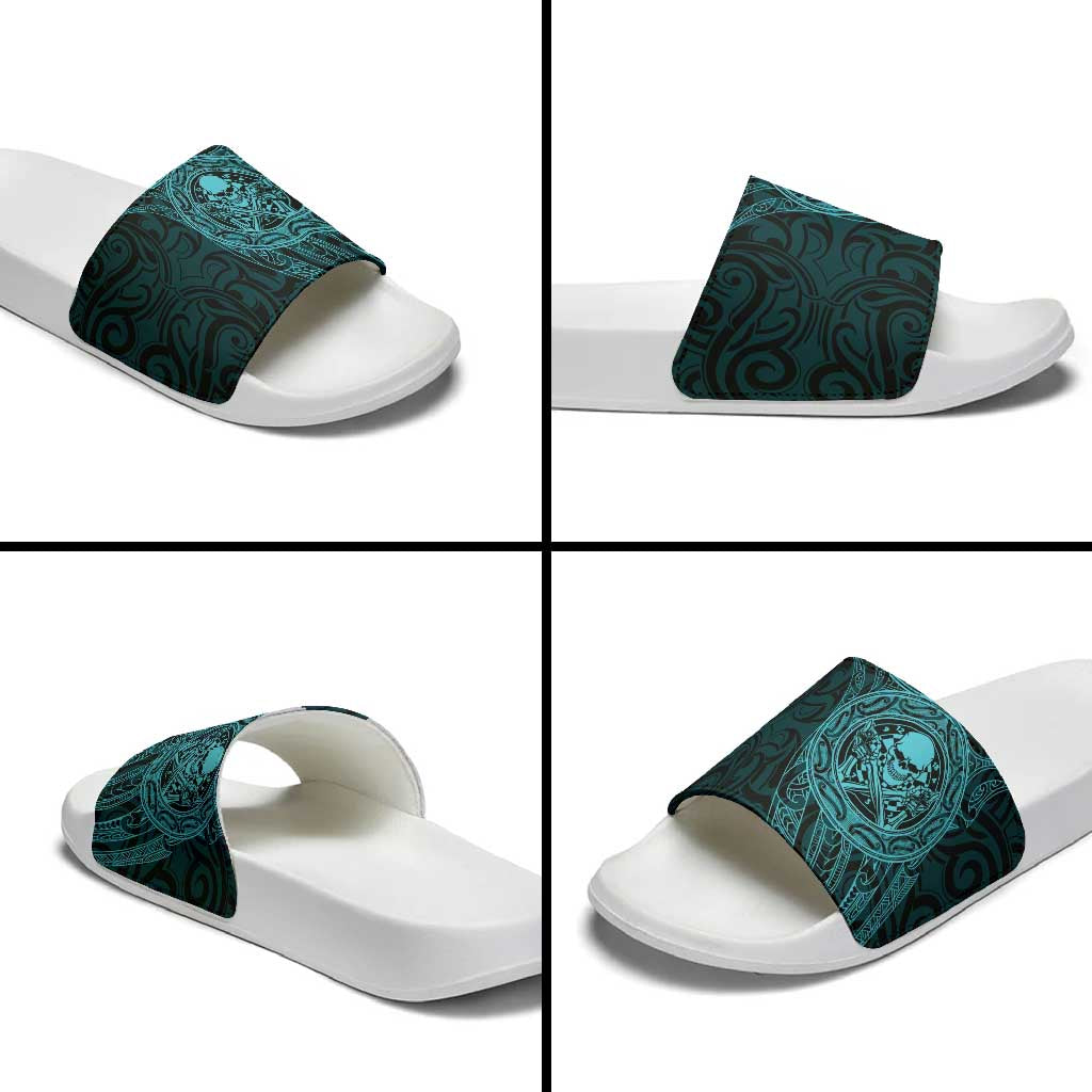 New Zealand Skull Darts Slide Sandals Aotearoa Maori Chest Tattoo Stylized Teal - Aussie Hoodie