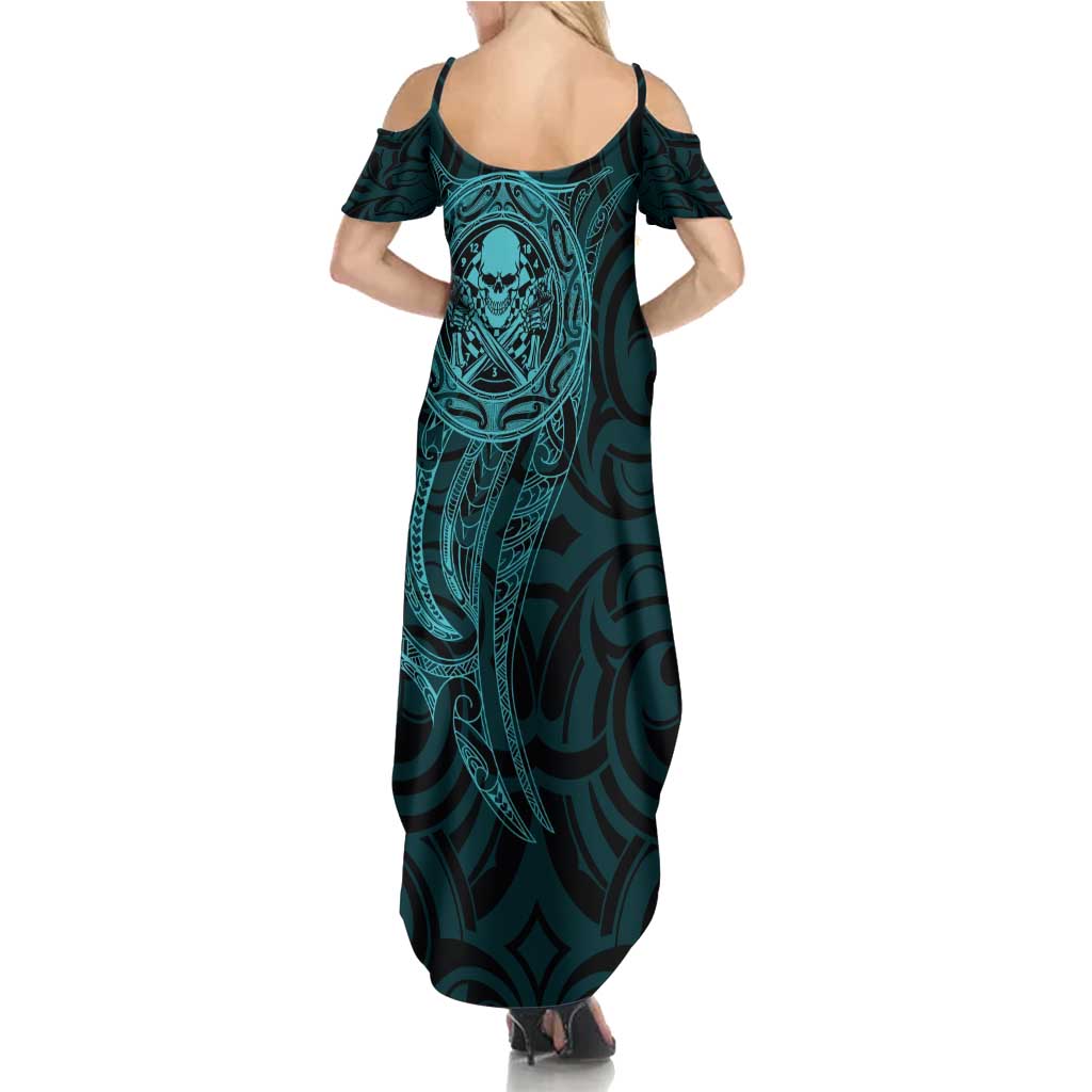 New Zealand Skull Darts Summer Maxi Dress Aotearoa Maori Chest Tattoo Stylized Teal - Aussie Hoodie
