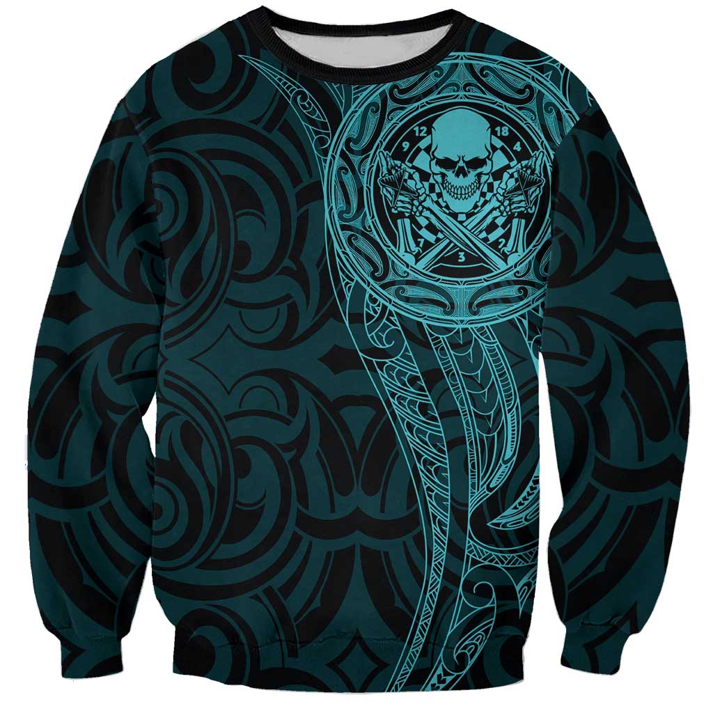 New Zealand Skull Darts Sweatshirt Aotearoa Maori Chest Tattoo Stylized Teal - Aussie Hoodie
