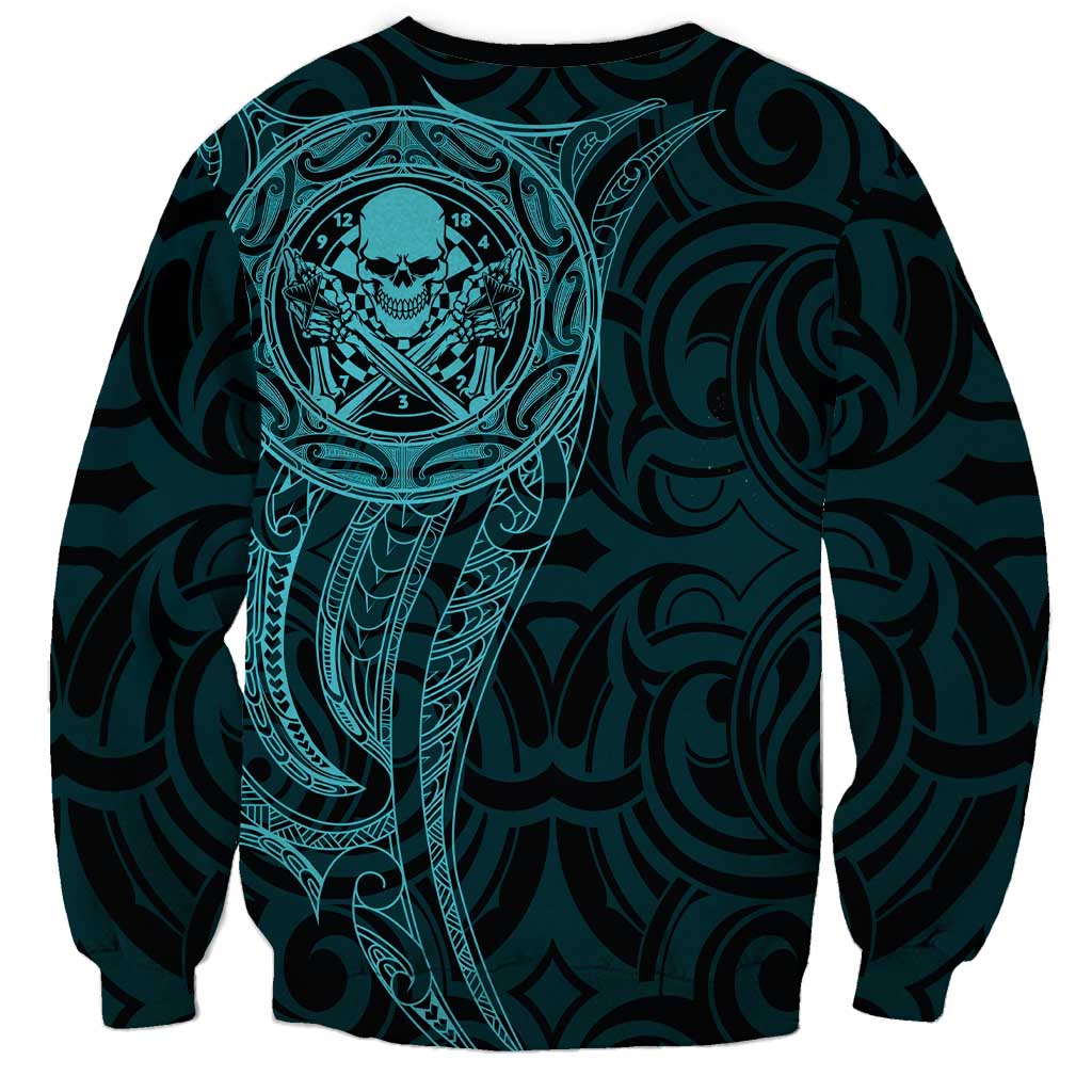 New Zealand Skull Darts Sweatshirt Aotearoa Maori Chest Tattoo Stylized Teal - Aussie Hoodie