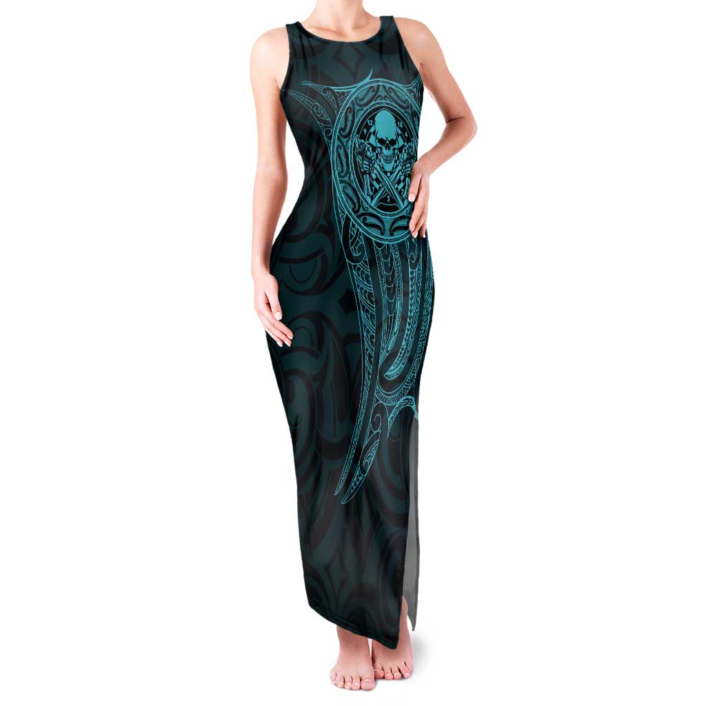 New Zealand Skull Darts Tank Maxi Dress Aotearoa Maori Chest Tattoo Stylized Teal - Aussie Hoodie
