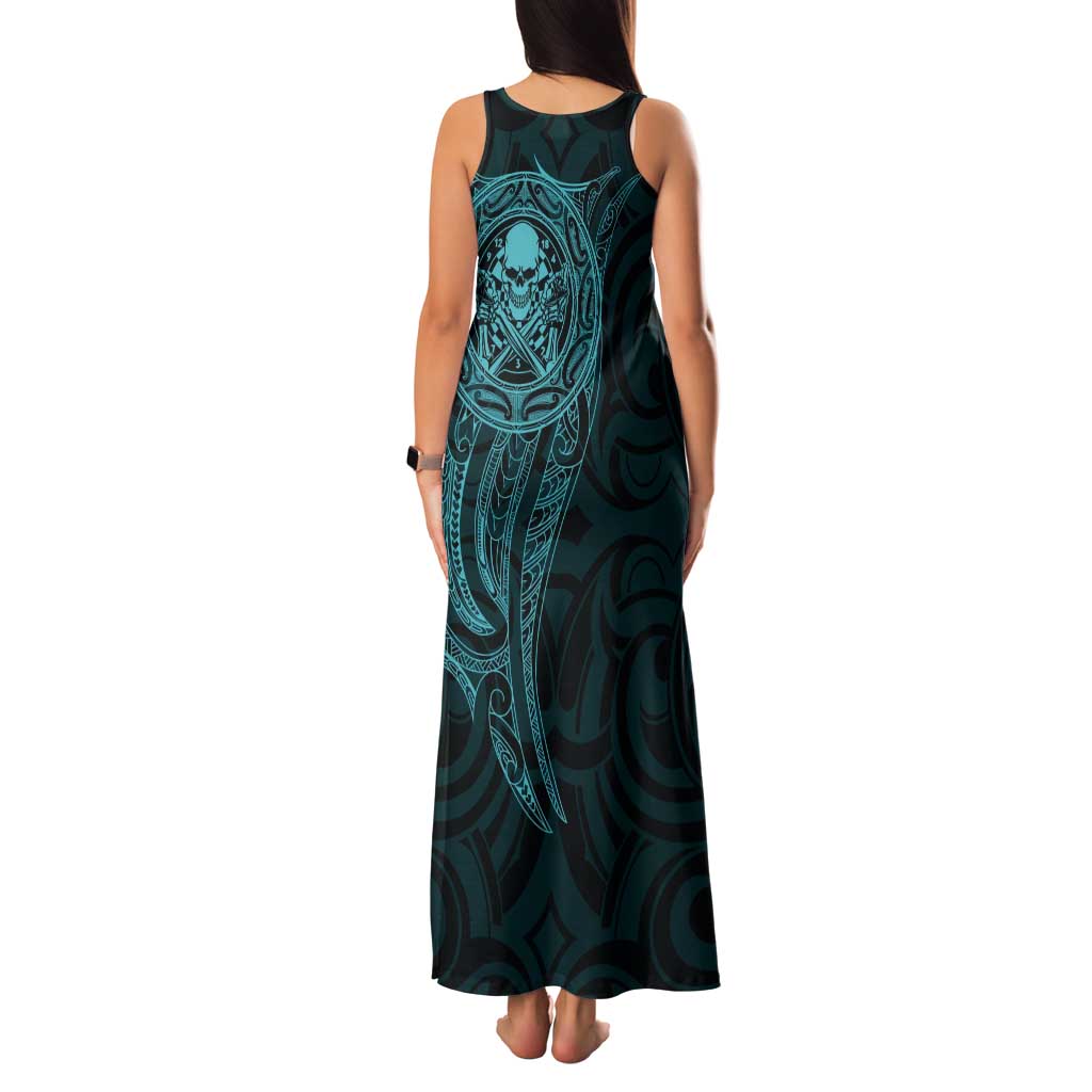 New Zealand Skull Darts Tank Maxi Dress Aotearoa Maori Chest Tattoo Stylized Teal - Aussie Hoodie