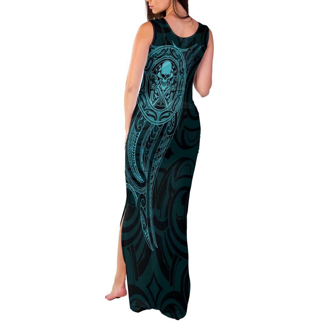 New Zealand Skull Darts Tank Maxi Dress Aotearoa Maori Chest Tattoo Stylized Teal - Aussie Hoodie