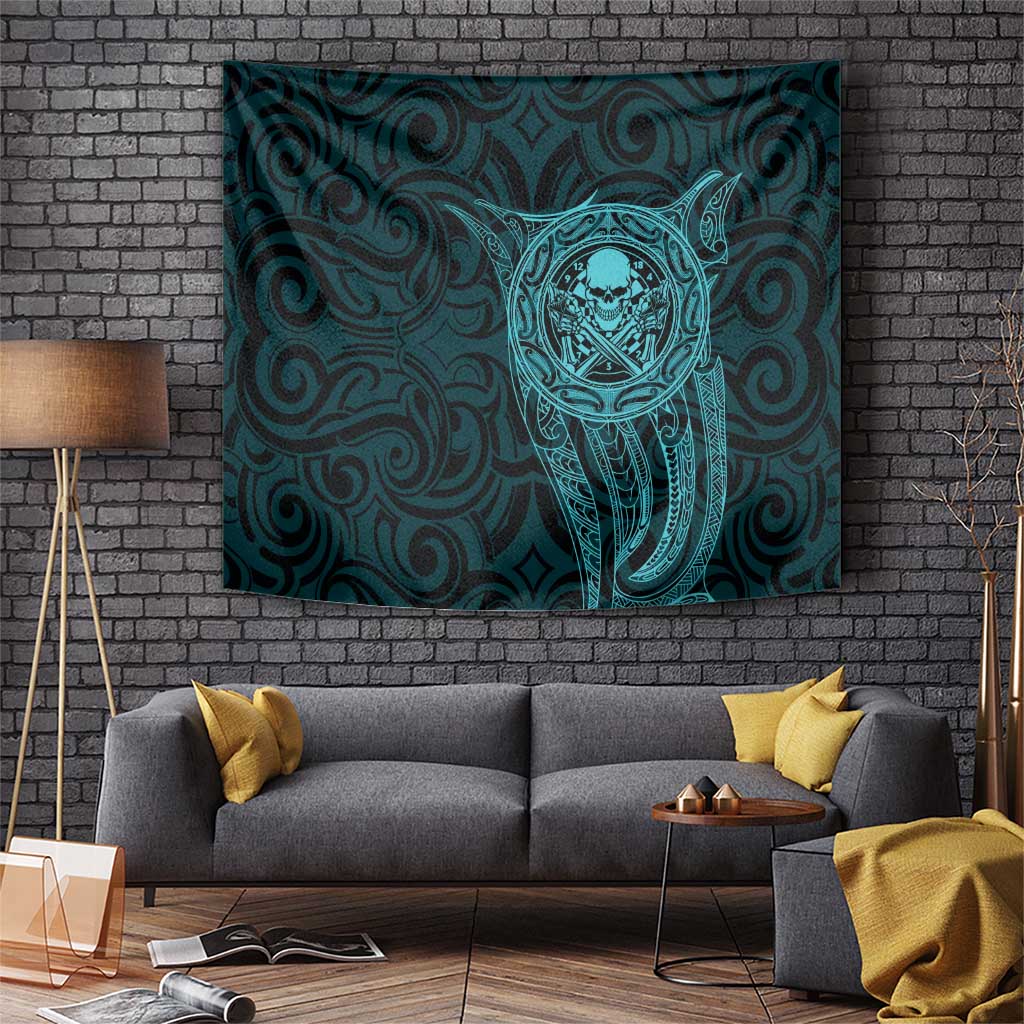 New Zealand Skull Darts Tapestry Aotearoa Maori Chest Tattoo Stylized Teal - Aussie Hoodie