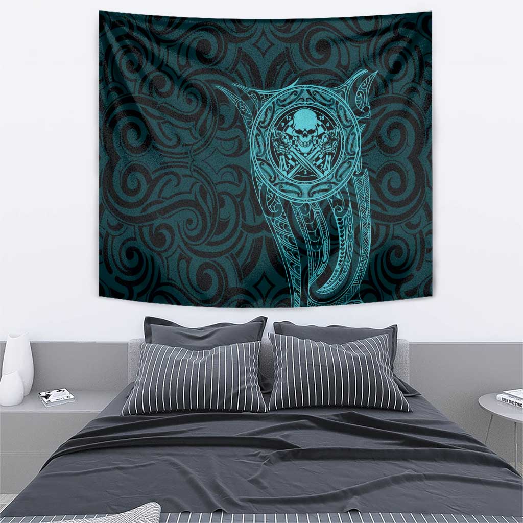 New Zealand Skull Darts Tapestry Aotearoa Maori Chest Tattoo Stylized Teal - Aussie Hoodie