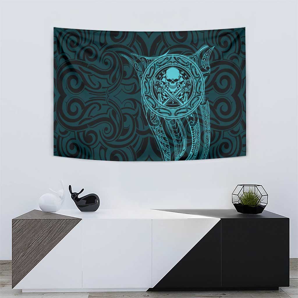 New Zealand Skull Darts Tapestry Aotearoa Maori Chest Tattoo Stylized Teal - Aussie Hoodie