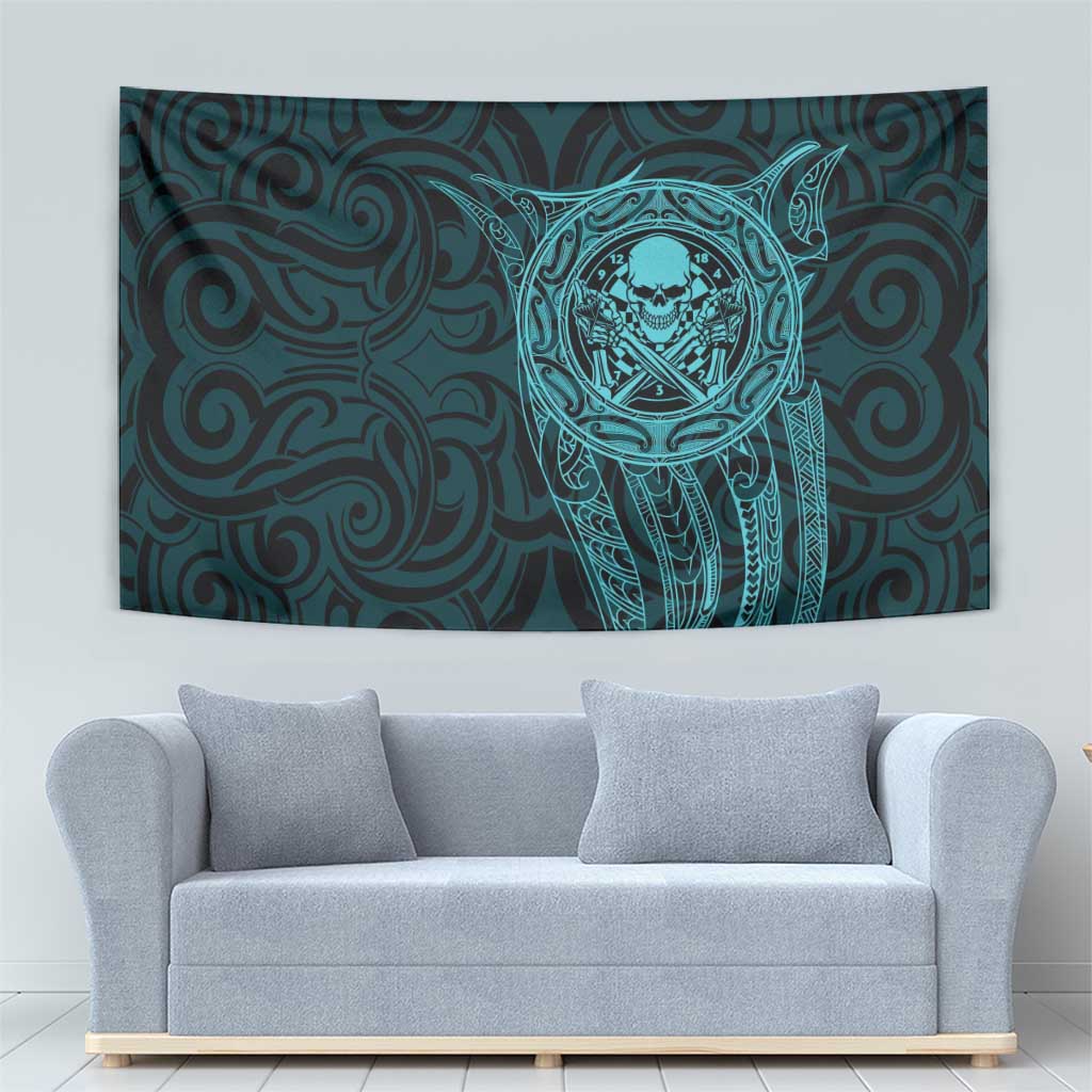 New Zealand Skull Darts Tapestry Aotearoa Maori Chest Tattoo Stylized Teal - Aussie Hoodie