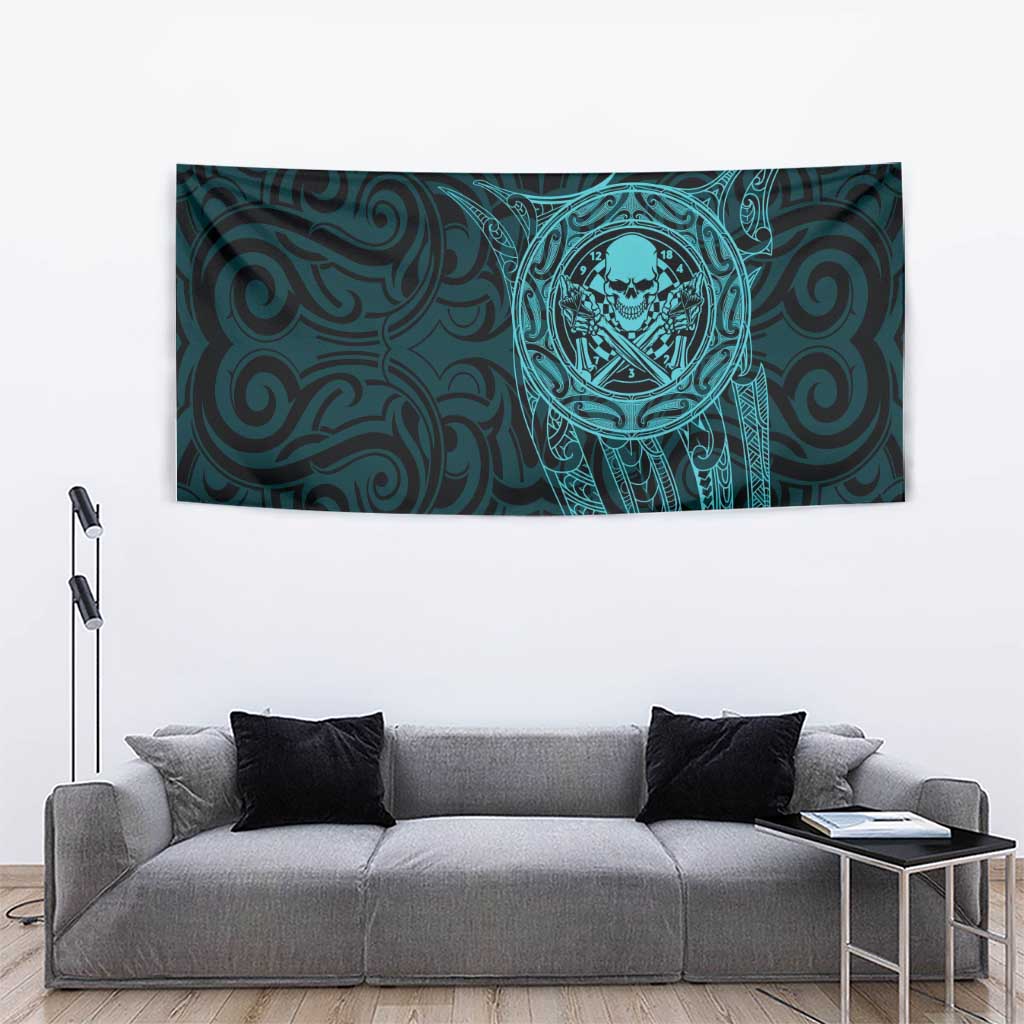 New Zealand Skull Darts Tapestry Aotearoa Maori Chest Tattoo Stylized Teal - Aussie Hoodie