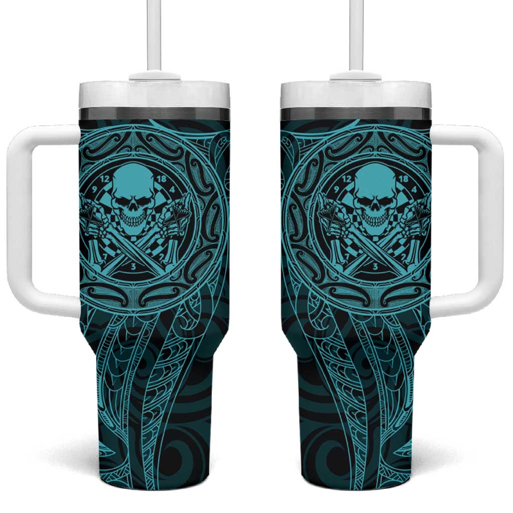 New Zealand Skull Darts Tumbler With Handle Aotearoa Maori Chest Tattoo Stylized Teal - Aussie Hoodie