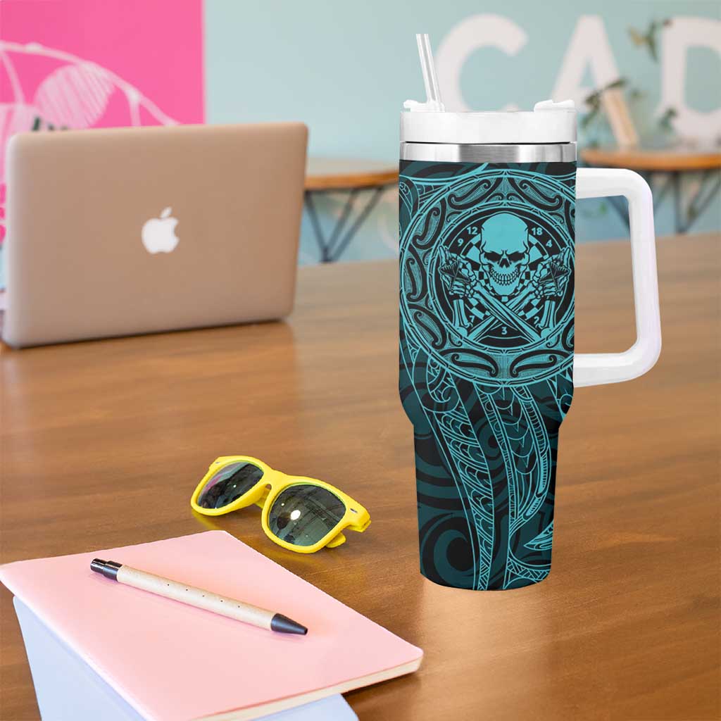 New Zealand Skull Darts Tumbler With Handle Aotearoa Maori Chest Tattoo Stylized Teal - Aussie Hoodie