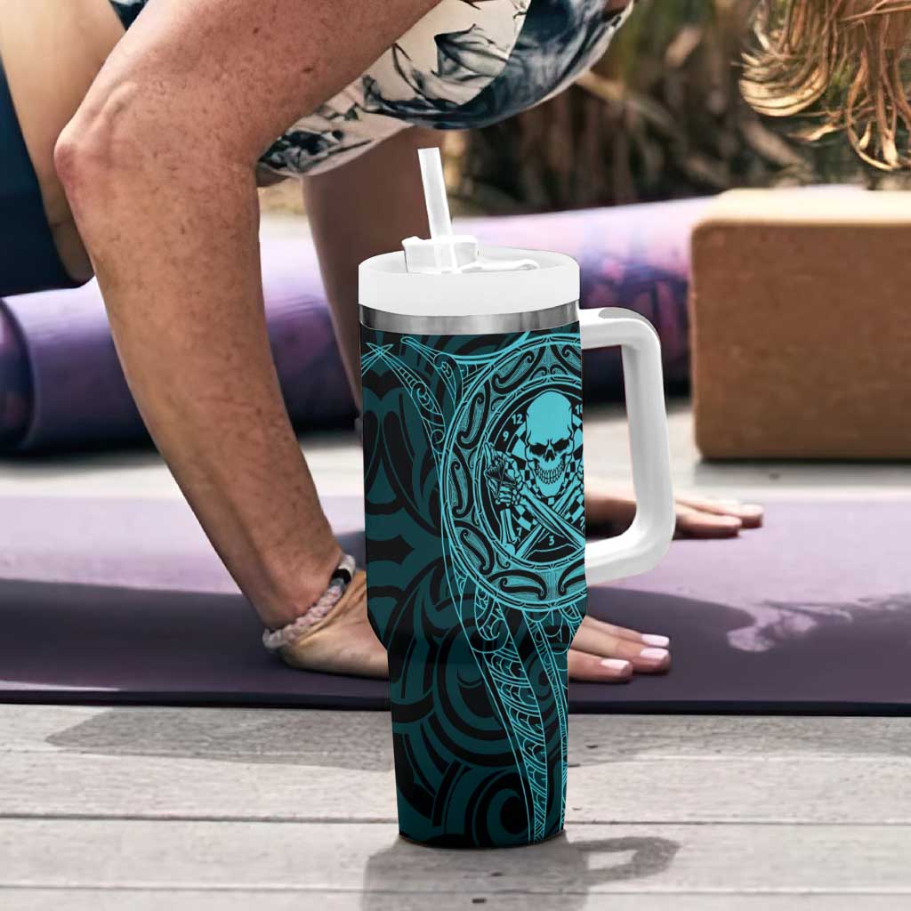 New Zealand Skull Darts Tumbler With Handle Aotearoa Maori Chest Tattoo Stylized Teal - Aussie Hoodie