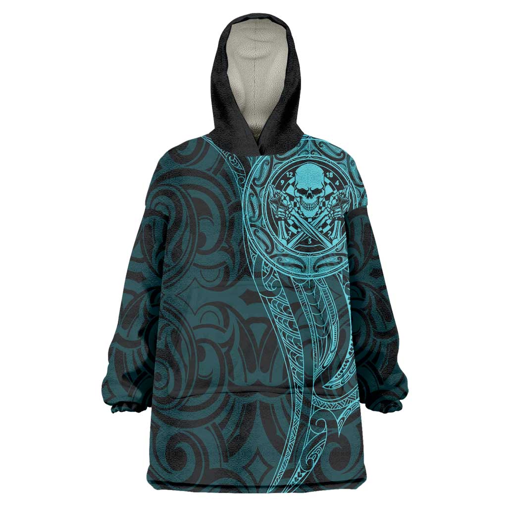 New Zealand Skull Darts Wearable Blanket Hoodie Aotearoa Maori Chest Tattoo Stylized Teal - Aussie Hoodie