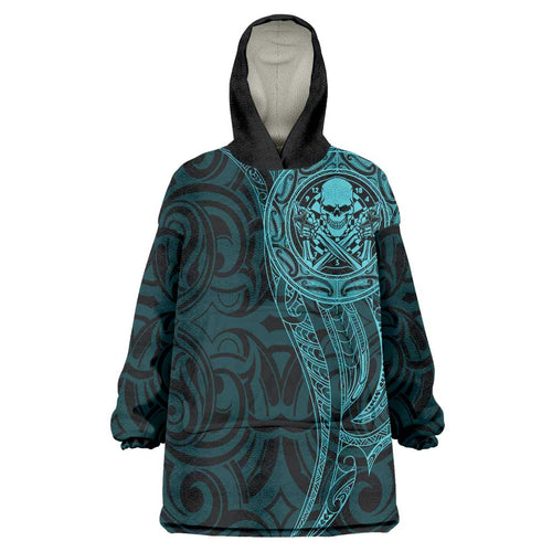 New Zealand Skull Darts Wearable Blanket Hoodie Aotearoa Maori Chest Tattoo Stylized Teal - Aussie Hoodie