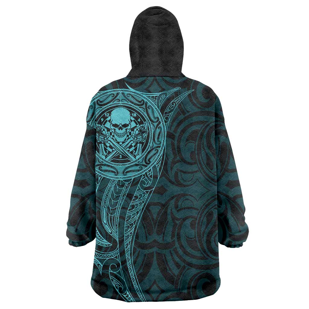 New Zealand Skull Darts Wearable Blanket Hoodie Aotearoa Maori Chest Tattoo Stylized Teal - Aussie Hoodie