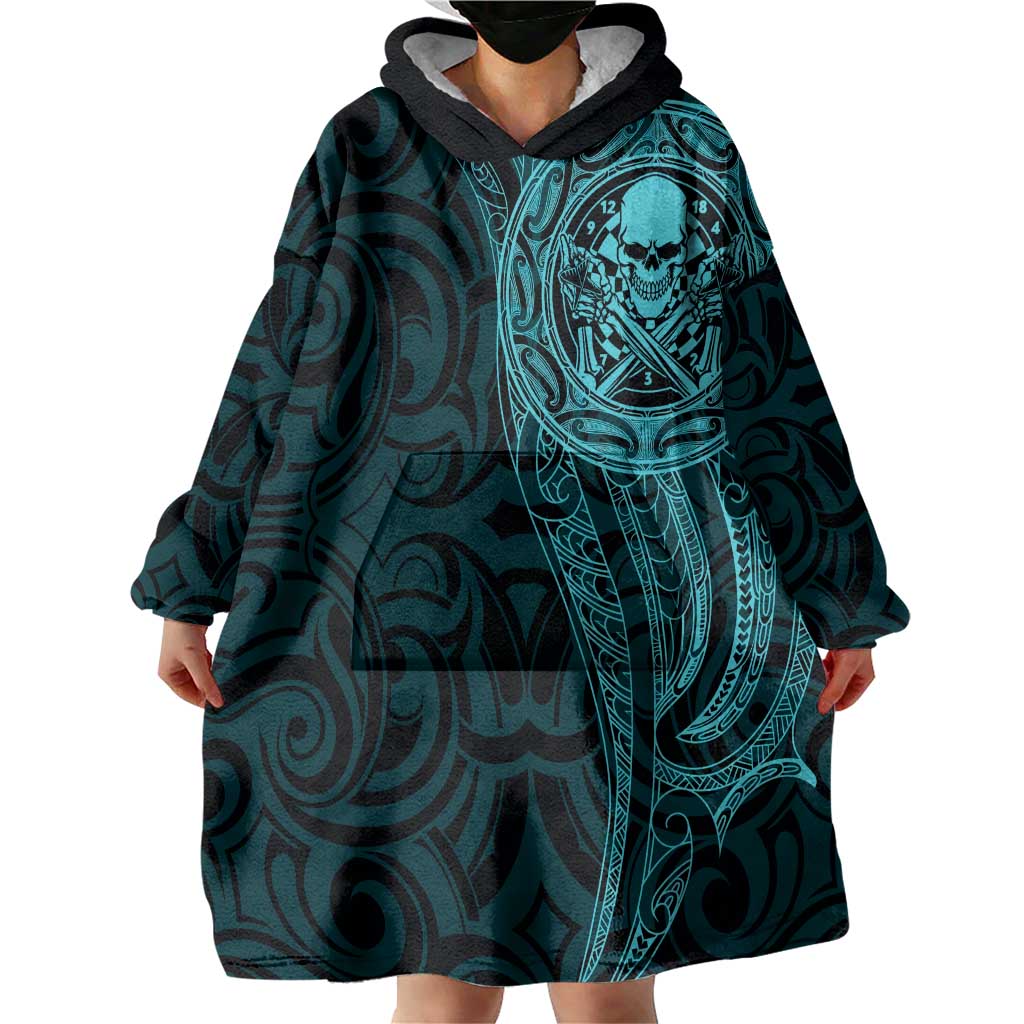 New Zealand Skull Darts Wearable Blanket Hoodie Aotearoa Maori Chest Tattoo Stylized Teal - Aussie Hoodie