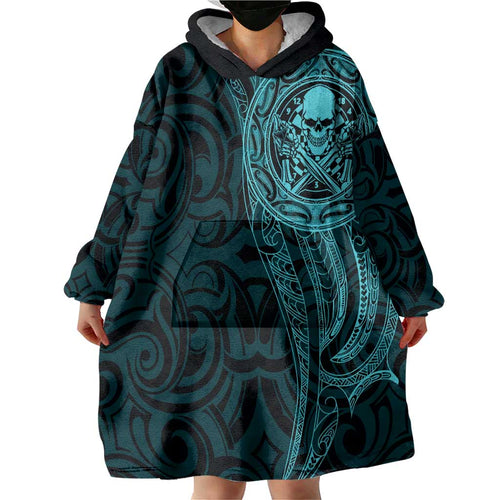 New Zealand Skull Darts Wearable Blanket Hoodie Aotearoa Maori Chest Tattoo Stylized Teal - Aussie Hoodie